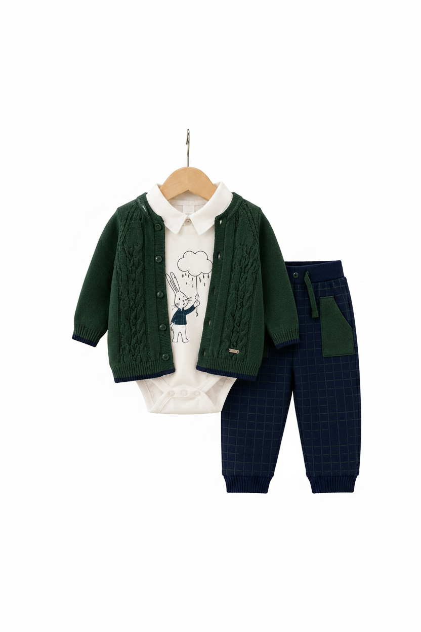 3-Piece Knit Cardigan, Bodysuit and Pants Set