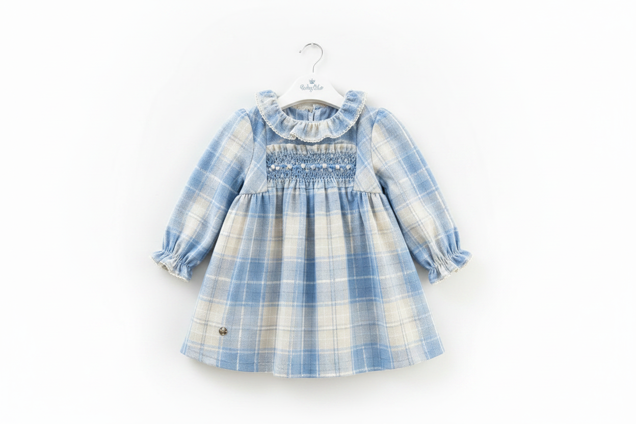 Baby Girls Blue Plaid Smocked Dress - Long Sleeve Boutique Winter Dress