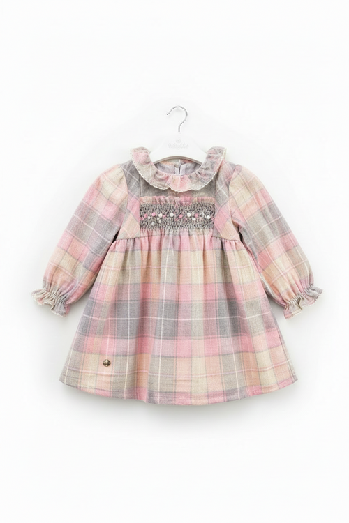 Baby Girls Blue Plaid Smocked Dress - Long Sleeve Boutique Winter Dress