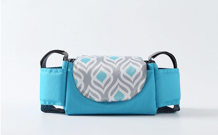 Blue bag with a gray and white patterned