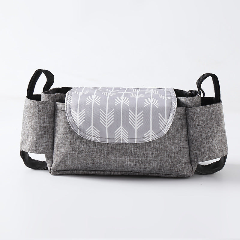 Gray fabric bag with a white arrow pattern on a white background