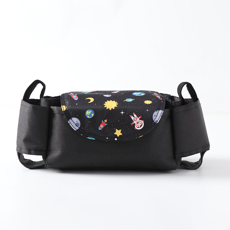 Black waist bag with space-themed pattern on a white background