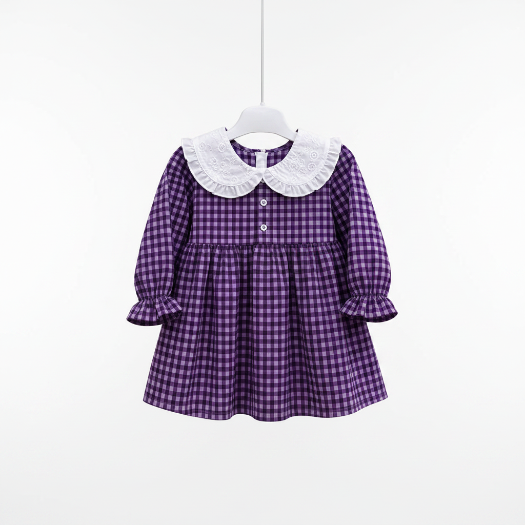 Baby Girls Gingham Dress with Embroidered Peter Pan Collar