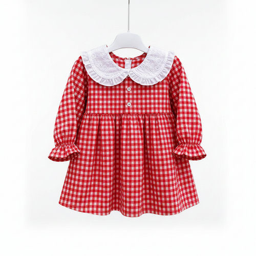 Baby Girls Gingham Dress with Embroidered Peter Pan Collar