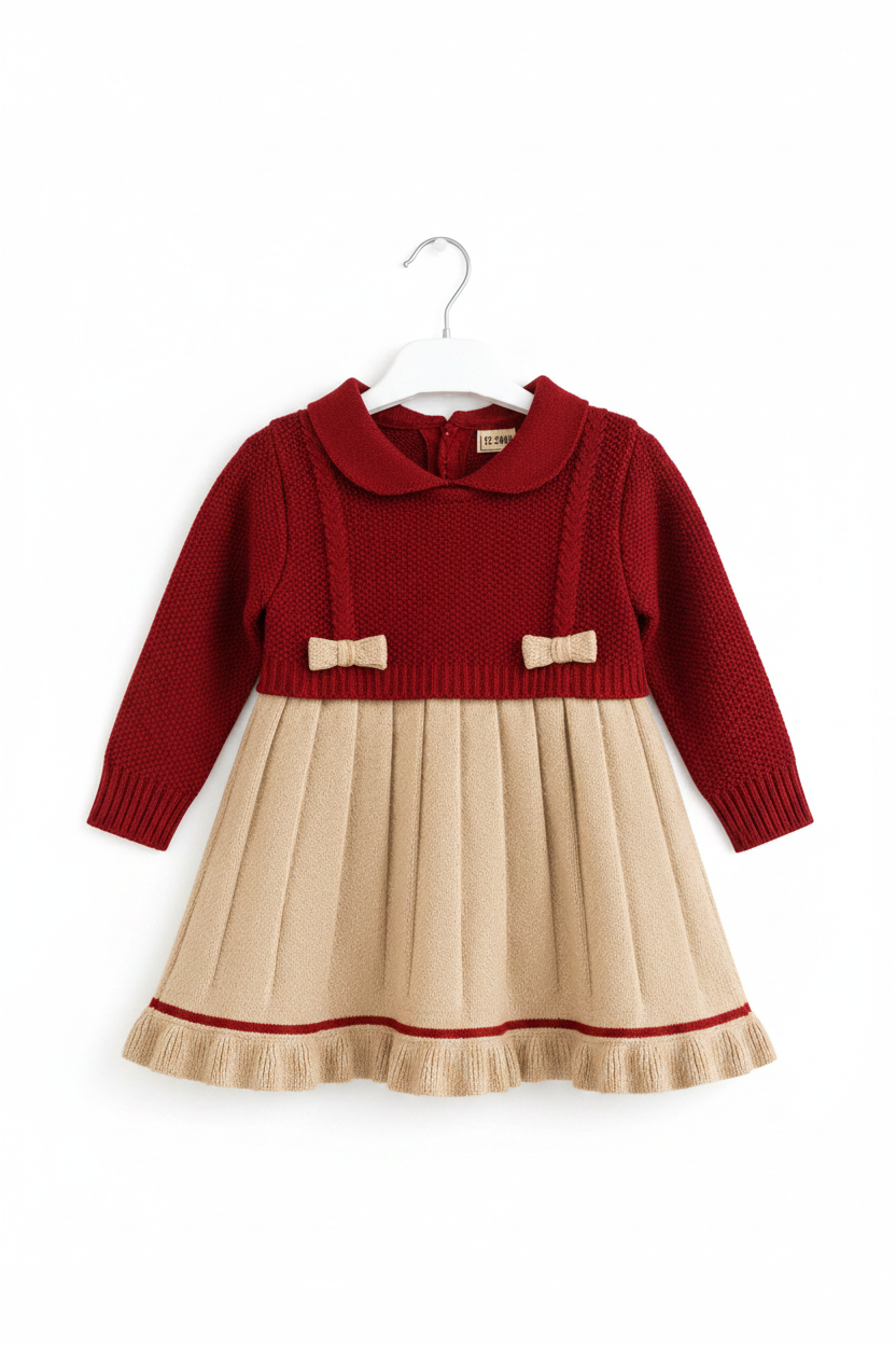 Girls Knitted Winter Dress - Long Sleeve Pleated Boutique Dress