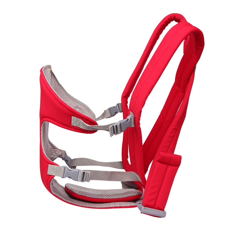 Red and gray baby carrier with straps on a white background